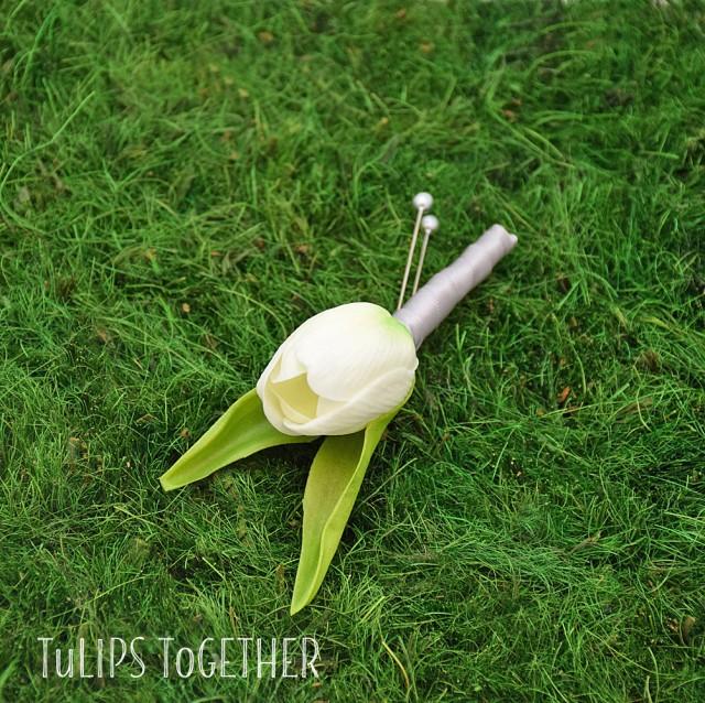 White Real Touch Tulip Boutonniere Ready To Ship For Your Wedding