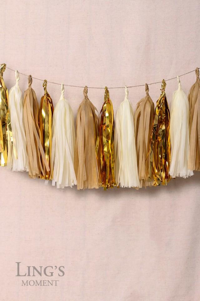 Ivory Gold Metallic Gold Tissue Paper Tassel Garland15pcs Paper