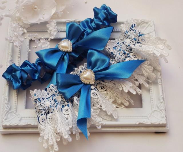 Bridal Garter Set Wedding Garter Set Royal Blue White Garter Rhinestone
