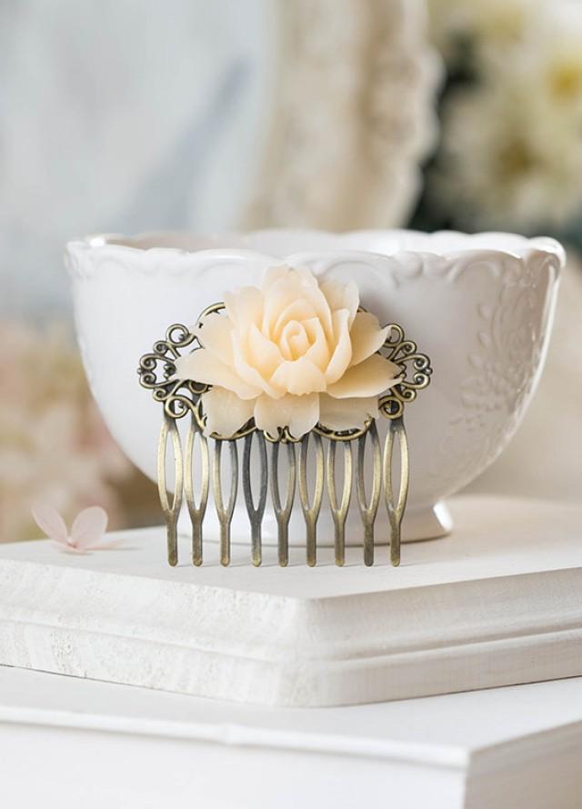 Ivory Rose Hair Comb Antiqued Brass Filigree Comb With Ivory Rose Floral Bridal Hair Comb