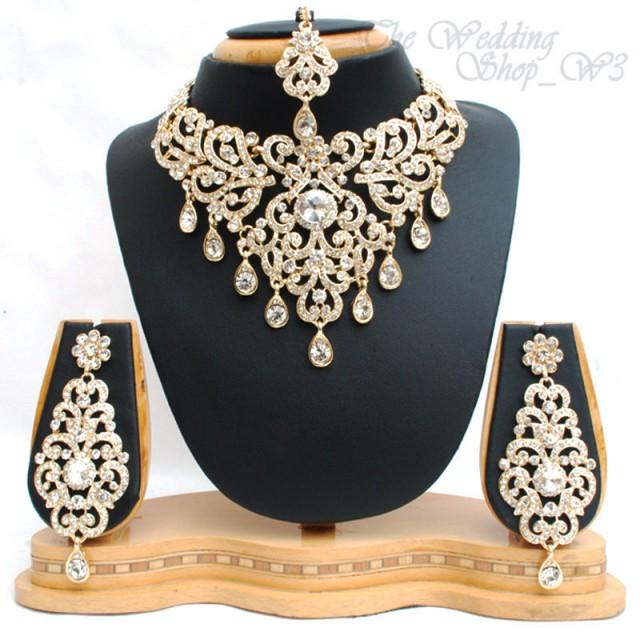 Elegant Bridal Set Heavy Gold Plated Diamante Crystal Vintage Indian