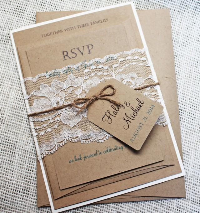 Wedding invitation handmade personalised silver DIY lace jute rustic eco shimmer 
