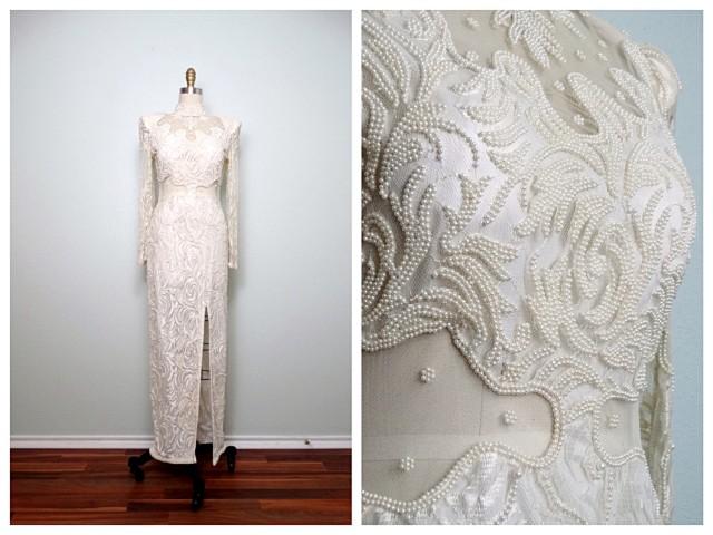 Peek-a-Boo Pearl Beaded Lace Dress // Ivory Vintage Wedding Gown