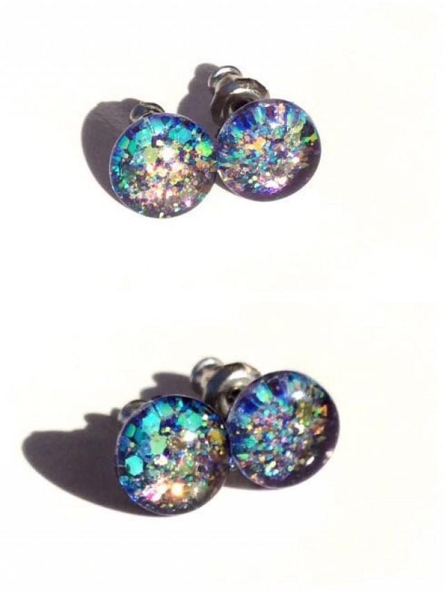 Tiny Stud Earrings Kaleidoscopic, Glitter Stud Earrings, Resin Stud Earrings, Small Stud, Glass