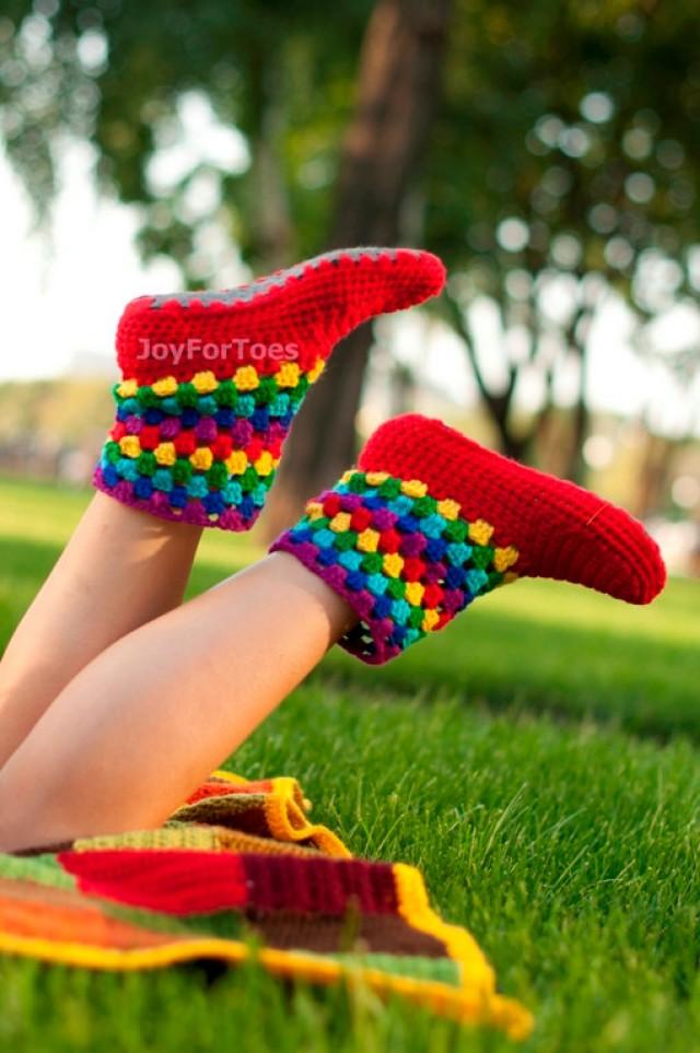 Girlfriend Gift Crochet Boots Women Homemade Slippers Joy Rainbow Crocheted Slippers Women