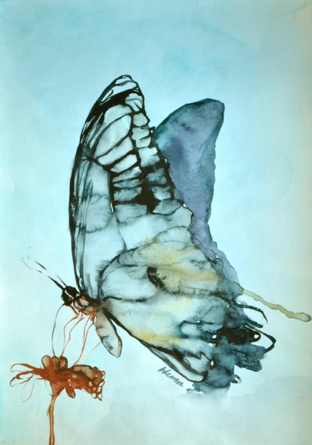Blue Butterfly Watercolor Original Painting. Contemporary Watercolour