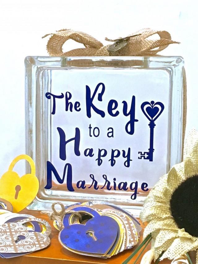 Guest Book Alternative Glass Block With "The Key To A Happy Marriage" May Be Personalized