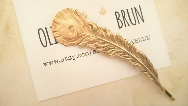 Peacock Feather Bobby Pin Gold Peacock Feather Hair Pin Peacock