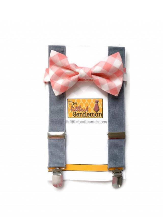 Boy Bow Tie Suspenders Set, Coral Salmon Peach Bow Tie Suspenders Set