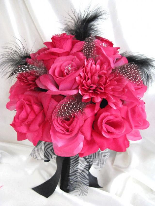17 pcs Wedding Bouquet Bridal Silk flowers BLACK Dark PINK FUCHSIA Package set 