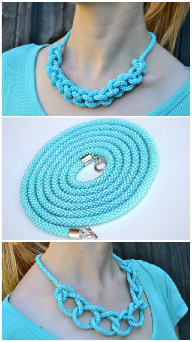 Turquoise Mint Long Beaded Crochet Rope Lariat Necklace Spiral Rope