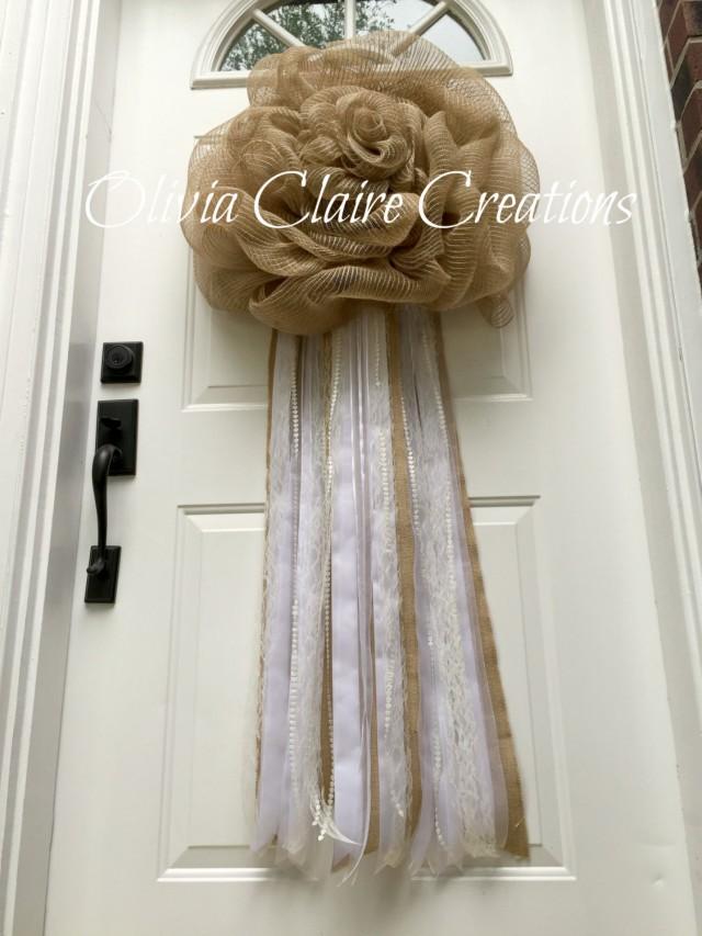 Burlap Wreath, EXTRA LONG . Mesh Wedding Door Hanger, Bridal Or Anniversary Wreath For A Rustic