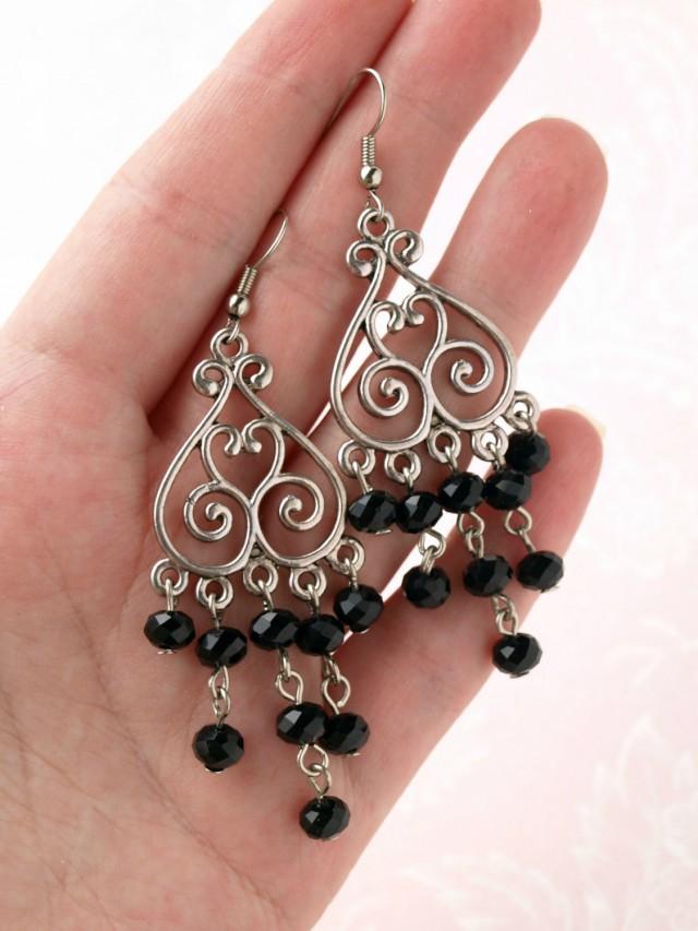 Long Dangle Earring Chandelier Earring Black Bead Earring Beaded