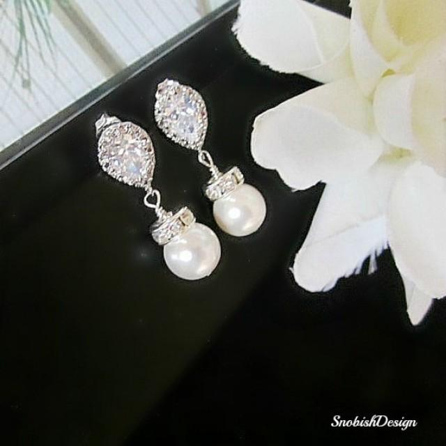 Cubic Zirconia Bridal Earrings Swarovski Pearl Wedding Earrings