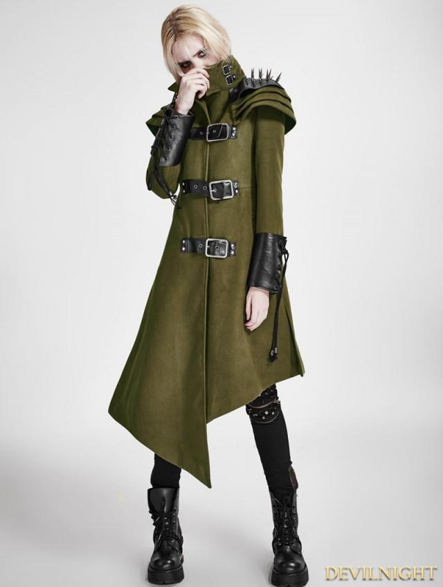 Green Gothic Asymmetric Woolen Military Jacket For Women 2569595