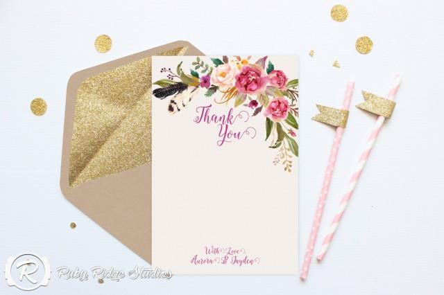 Printable Thank You Cards Romantic Watercolor Floral Bohemian