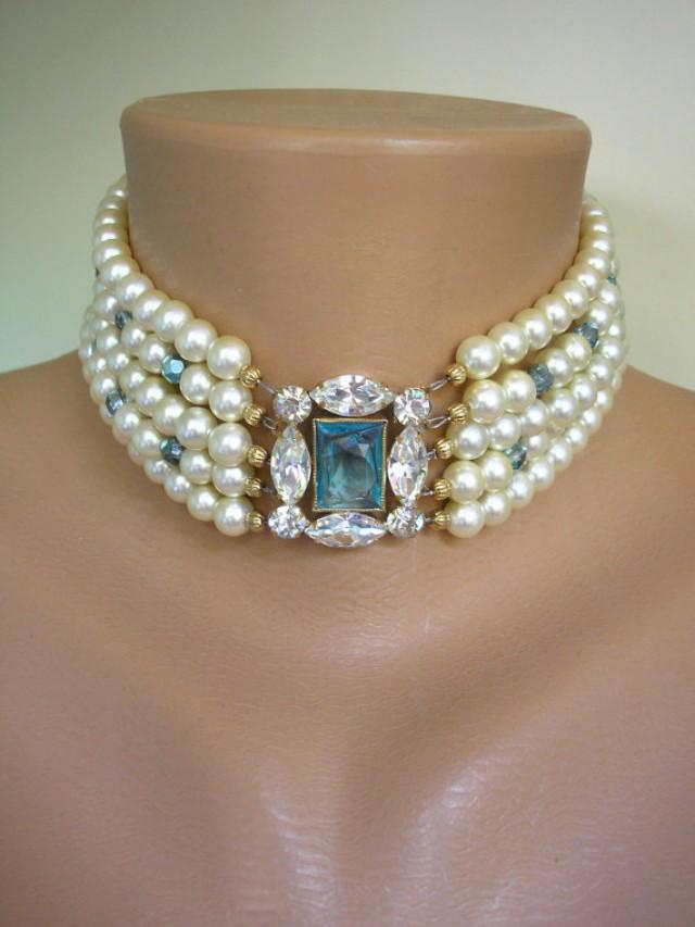 Aquamarine Jewelry, Aquamarine Necklace, Pearl Choker, Vintage Pearls