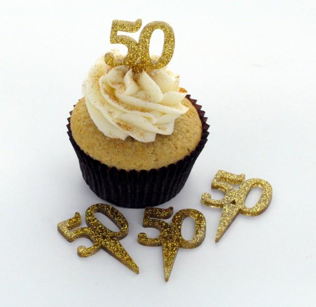 Gold Glitter Acrylic Cupcake Toppers Golden Anniversary 50th 