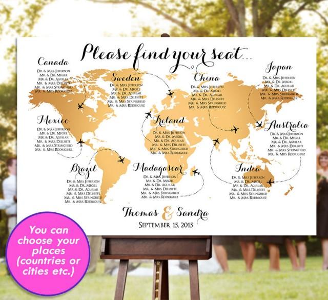 Wedding Seating Chart - RUSH SERVICE - Gold World Map Plane Travel ...