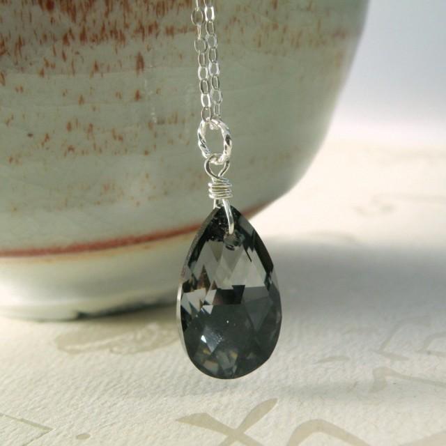Black Crystal Necklace, Sterling Silver, Hematite Pendant, Teardrop