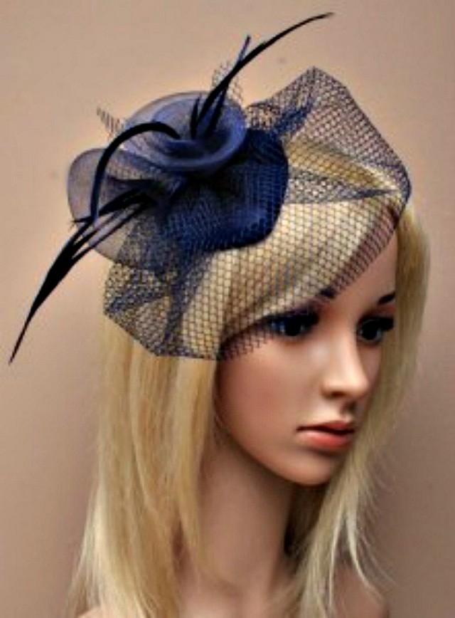 Navy Blue Hat Fascinator. Flower Feather Fascinator, Head Piece, Mother