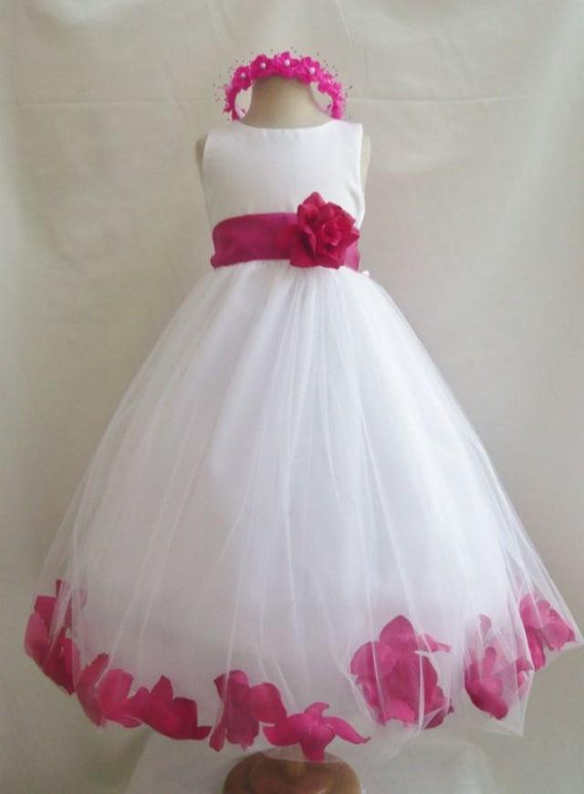 Flower Girl Dresses WHITE With Fuchsia Rose Petal Dress (FD0PT