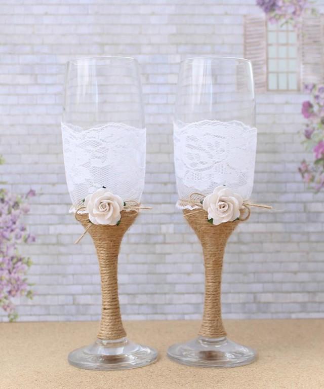 Wedding Glasses Burlap And Lace Toasting Flutes Mr And Mrs