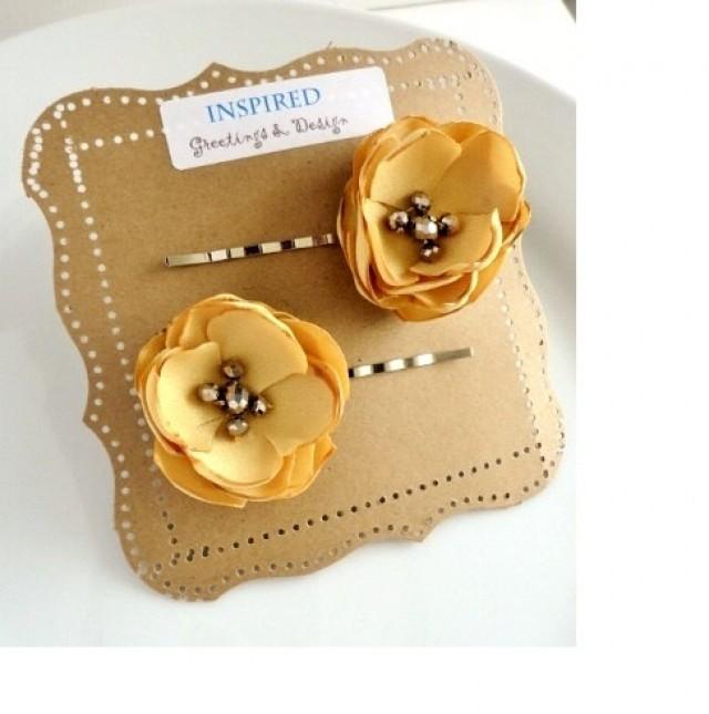 2 Muted Mustard Yellow Flower Hair Pins, Honey Gold Mustard Hair