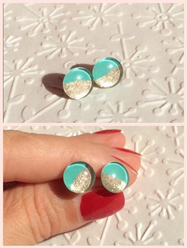 Mint Gold Stud Earring, Small Stud Earring, Tiny Stud Earring, Glass