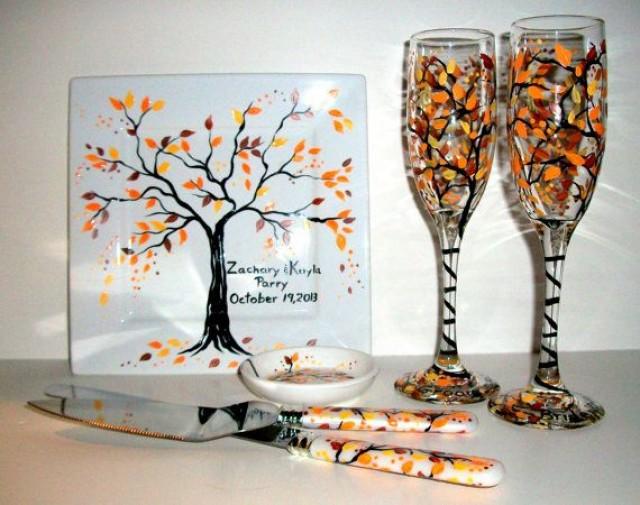 Fall Autumn Hand Painted Champagne Flutes & Cake Knife And Server Set Ring Dish And Cake Plate ... Fall Autumn Hand Painted Champagne Flutes & Cake Knife And Server Set Ring Dish And Cake Plate ...