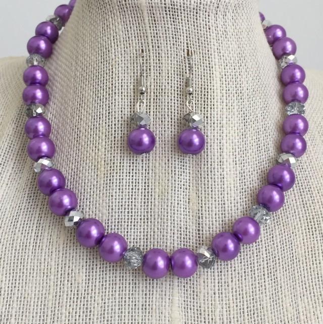 Purple Pearl Necklace, Purple Wedding Jewelry Set, Rhinestone Bridal