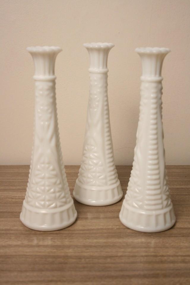 Vintage Bud Vase Milk Glass 3 Matching White Wedding Cottage Style