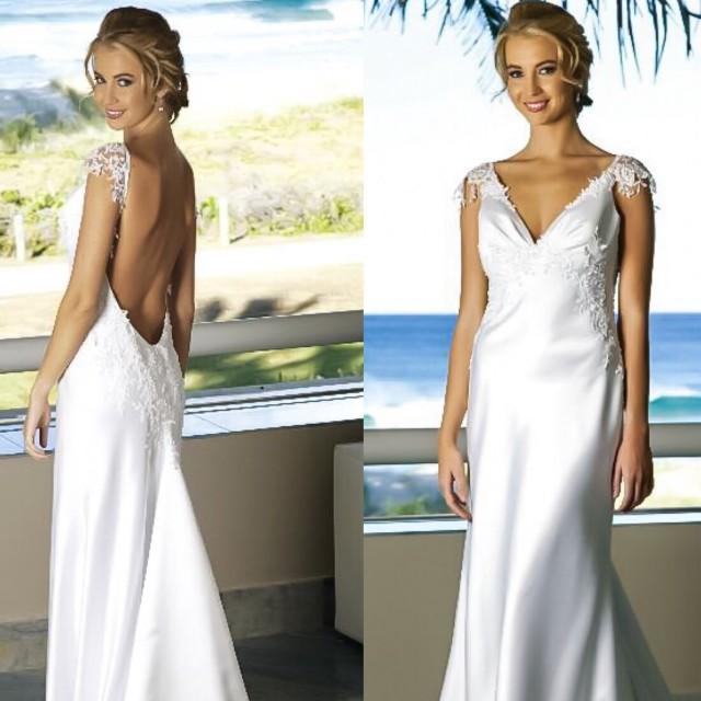 Low Back Beach Wedding Dress/Vneck Backless Wedding Gown/ Cup Sleeve