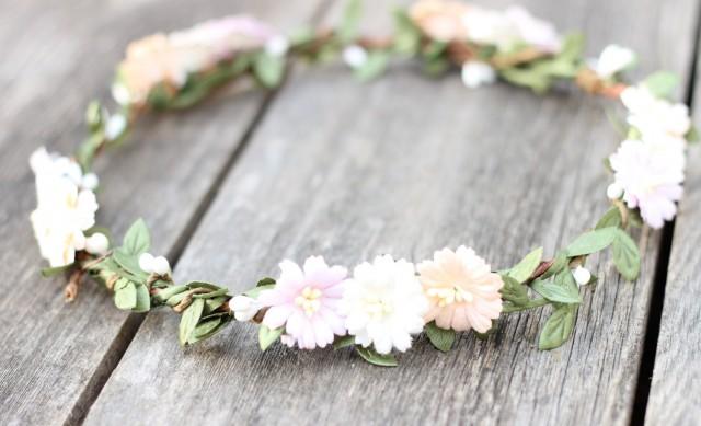 Blush Ivory Peach Flower Crown Green Garland Wedding