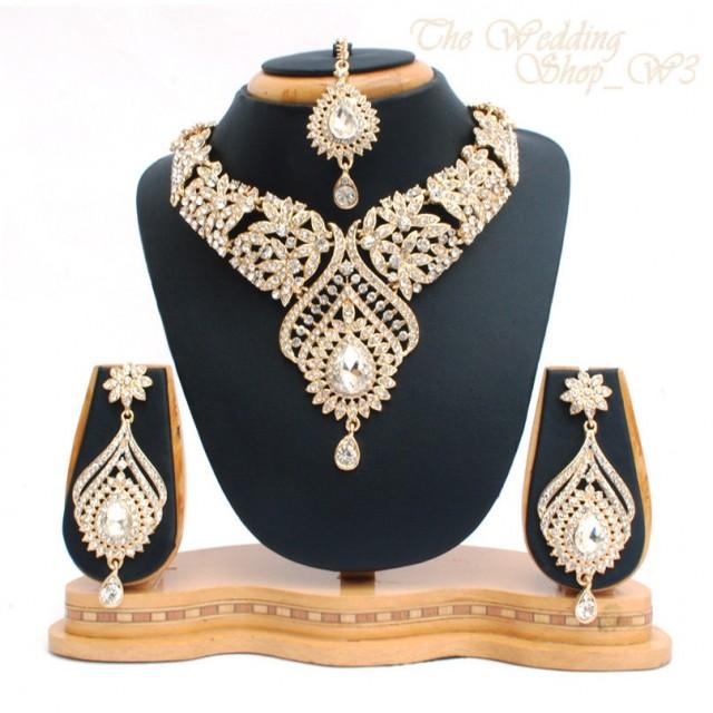 Elegant Bridal Set Heavy Gold Plated Diamante Crystal Vintage Indian