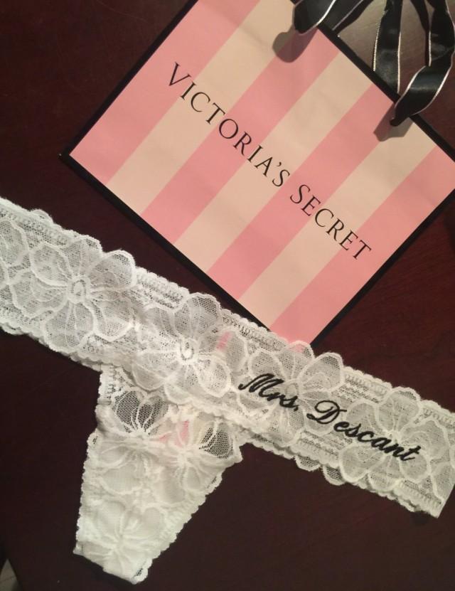 Custom Embroidered Lace Thong Monogrammed White Wedding Underwear
