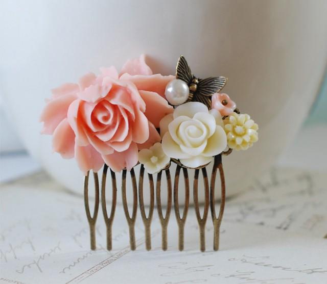 Wedding Flower Hair Comb. Pink, Ivory, White Flowers Collage Hair Comb