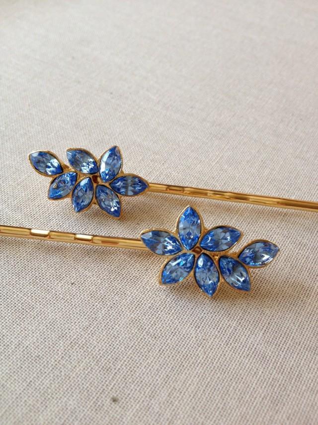 Swarovski Light Sapphire Blue Rhinestone Leaf Bobby Pin, Crystal Leaf