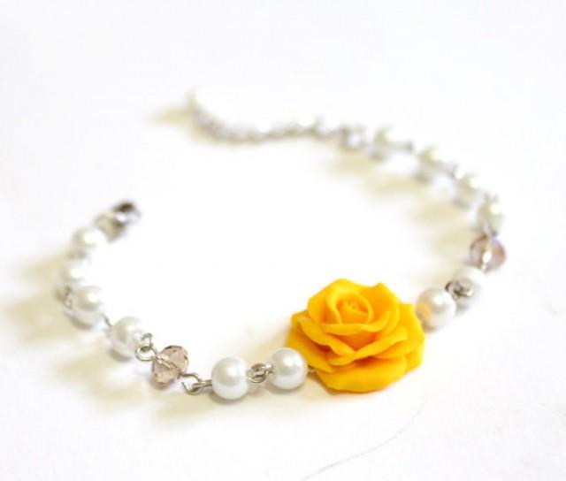 Yellow Rose And Pearls Bracelet, Rose Bracelet, Yellow Bridesmaid