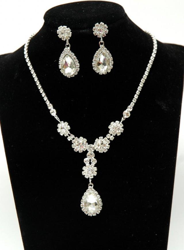 Rhinestone Teardrop Jewelry Set, Crystal Bridal Necklace Set, Flower 