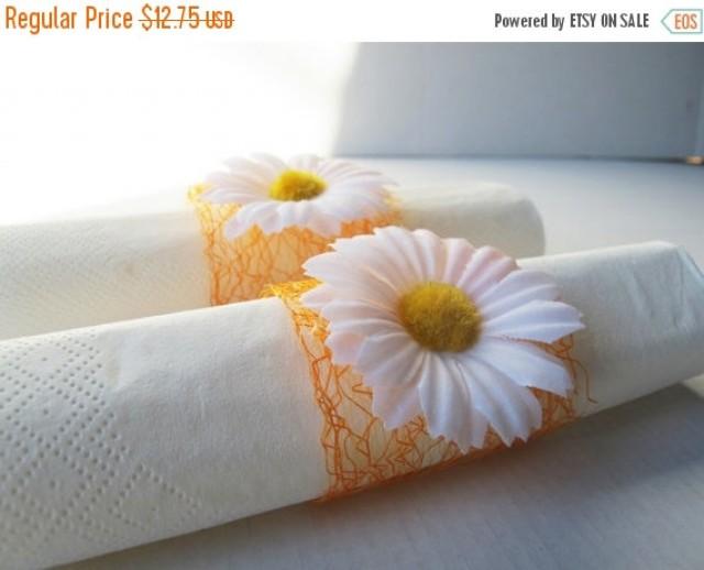 ON SALE 15 Napkin Rings White Daisies Orange Decorative Mesh Wedding