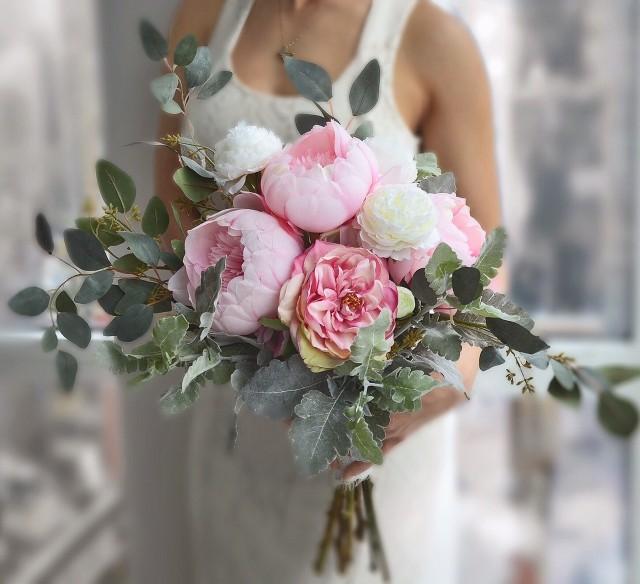 Wedding Bouquet, Pink Peony Bridal Bouquet, Roses Bouquet, Realistic