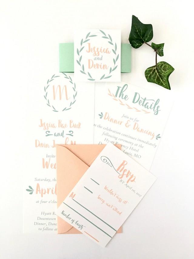 Custom Greenery Mint And Peach Wedding Invitation Suite. Spring Wedding