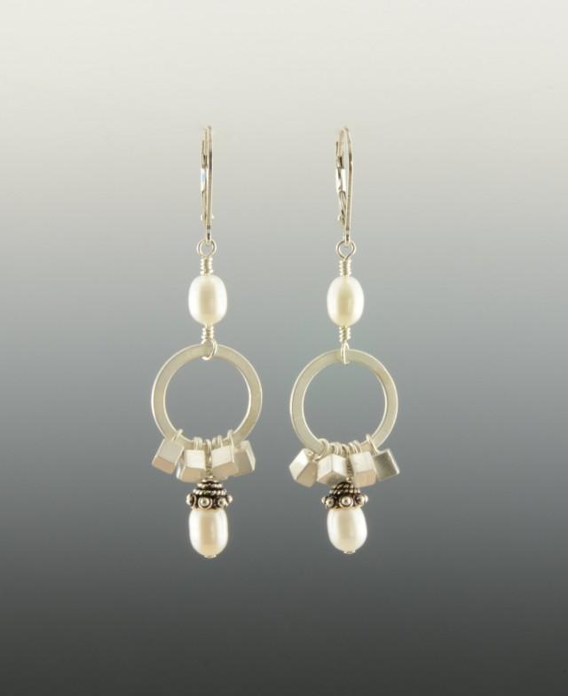 Silver Earrings, Pearls Earrings, Square Silver Charms Earrings