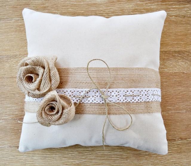 Wedding Ring Pillow Sinamai Flowers White Lace. Ivory Linen Wedding