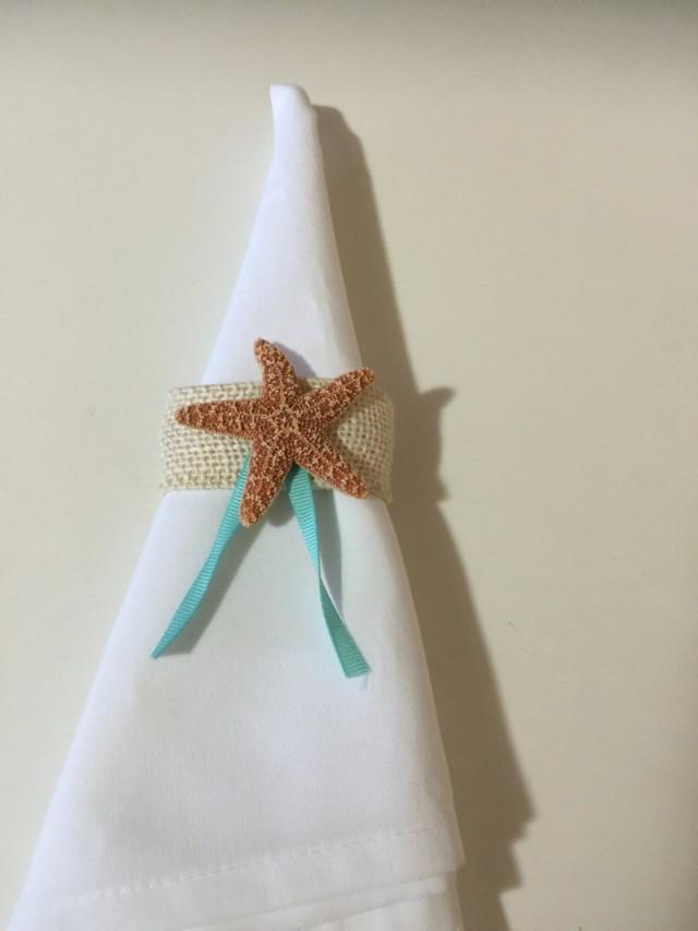Burlap Starfish Napkin Rings Set Of 6, Wedding Table Setting, Reception