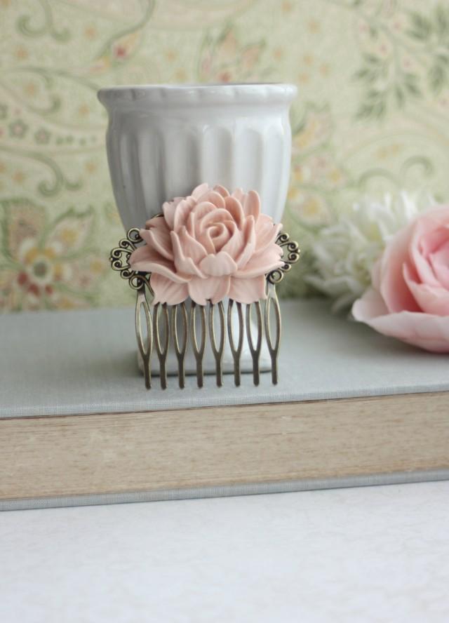 Dusty Pink Rose Flower Hair Comb. Light Pink Brass Hair Clip