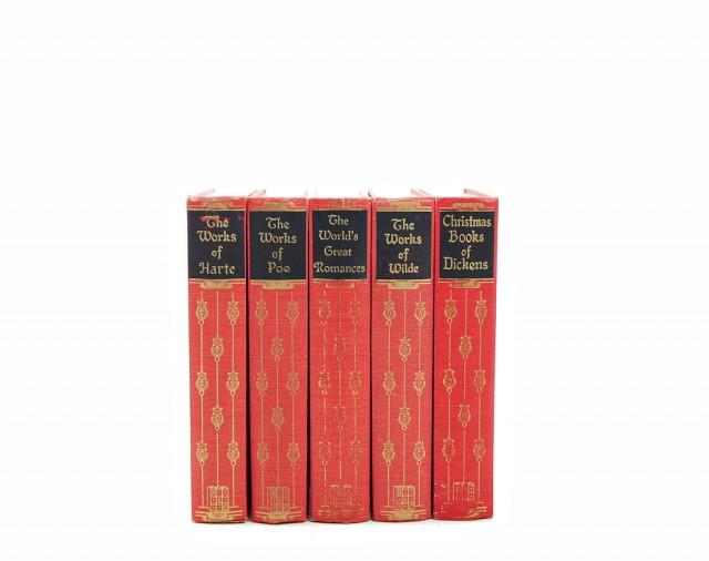 Small Antique Decorative Books, Scarlet Red Old Book Bundle Set