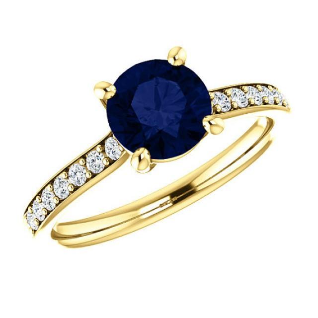 6.5mm Blue Sapphire & Diamond Engagement Ring 14k Yellow Gold