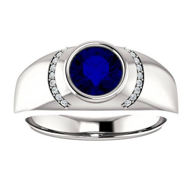 7mm Blue Sapphire & Diamond Men's Ring 14k White Gold, Men's